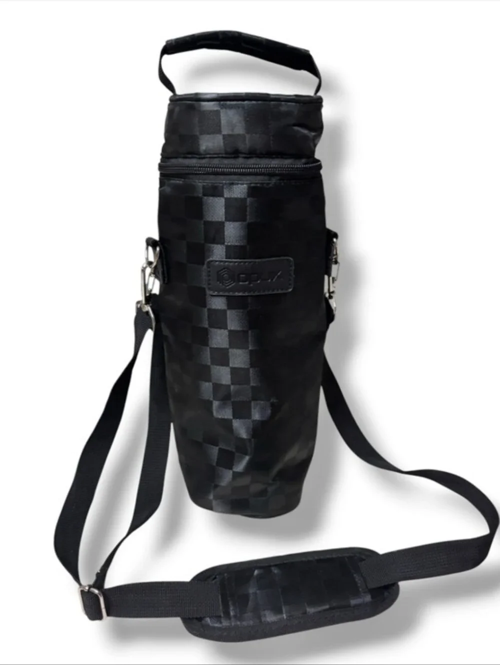 OPUX Checkered Black Insulated Wine Bottle Carrier Bag Adjustable Strap